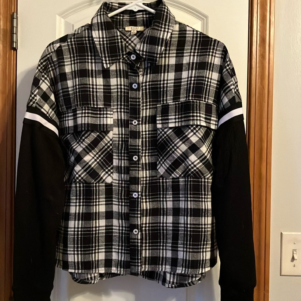 Plaid black and white flannel shirt